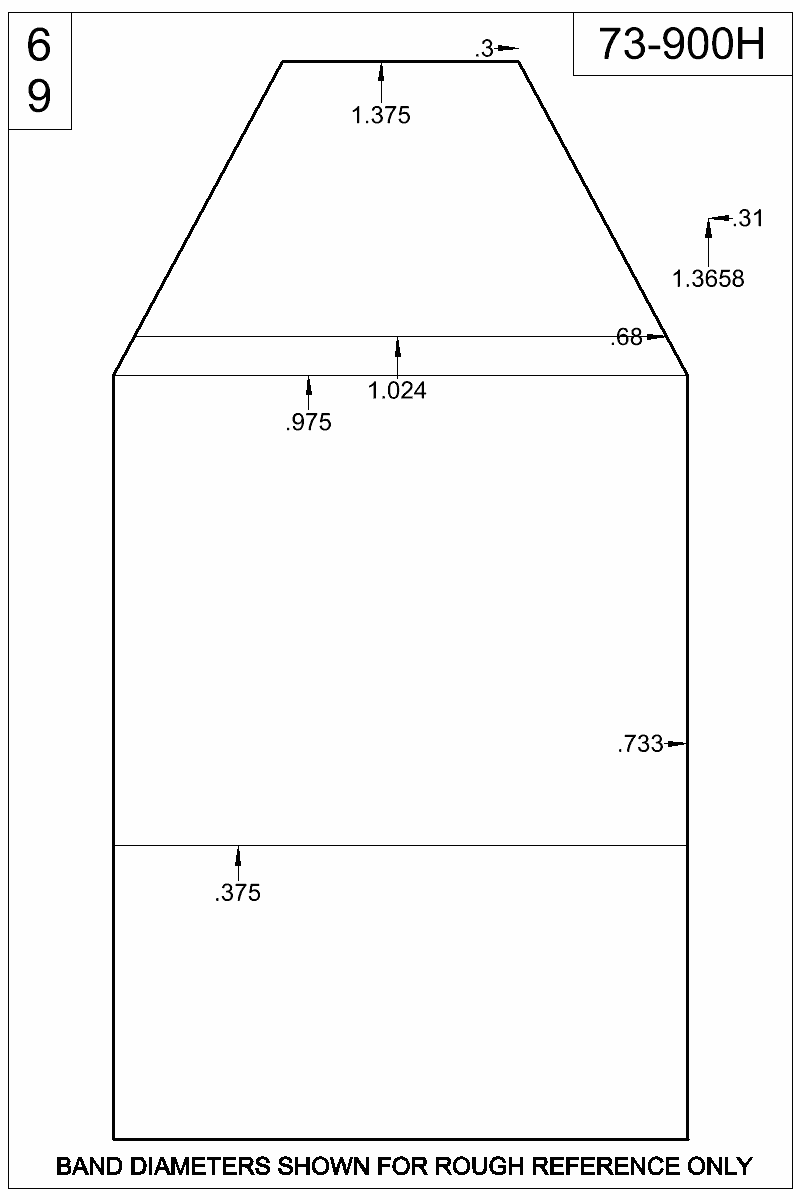 Accurate Molds catalog #73-900H Dimensioned view of bullet 73-900H