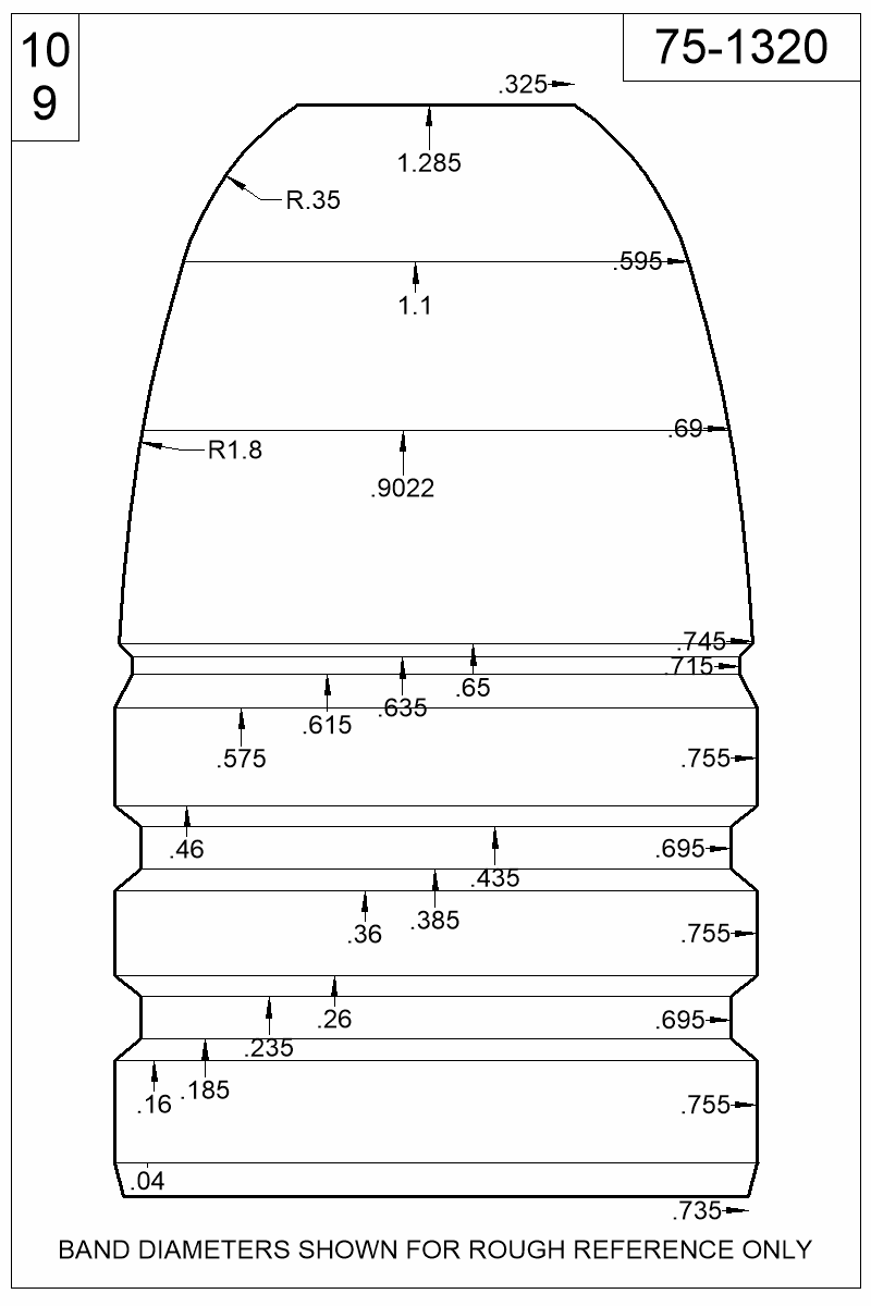 Accurate Molds catalog #75-1320 Dimensioned view of bullet 75-1320