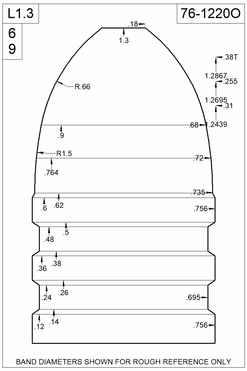 Accurate Molds catalog #76-1220O Dimensioned view of bullet 76-1220O