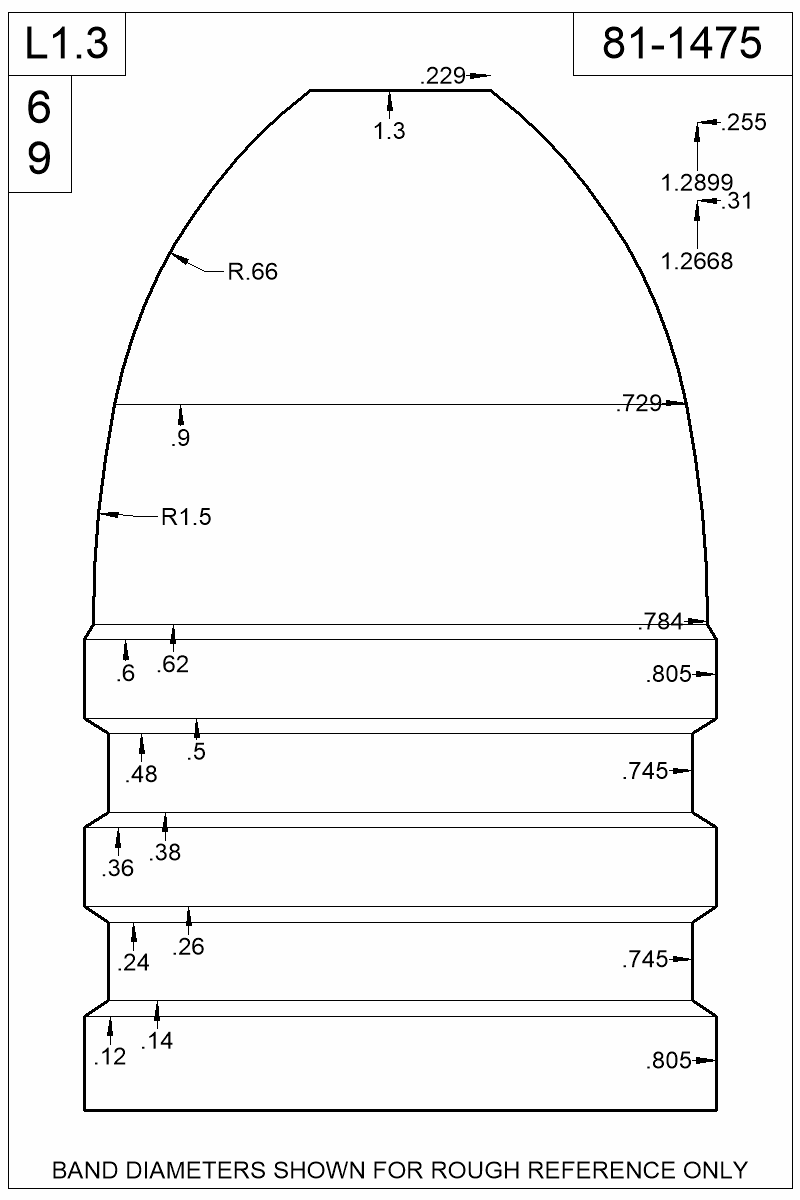 Accurate Molds catalog #81-1475 Dimensioned view of bullet 81-1475